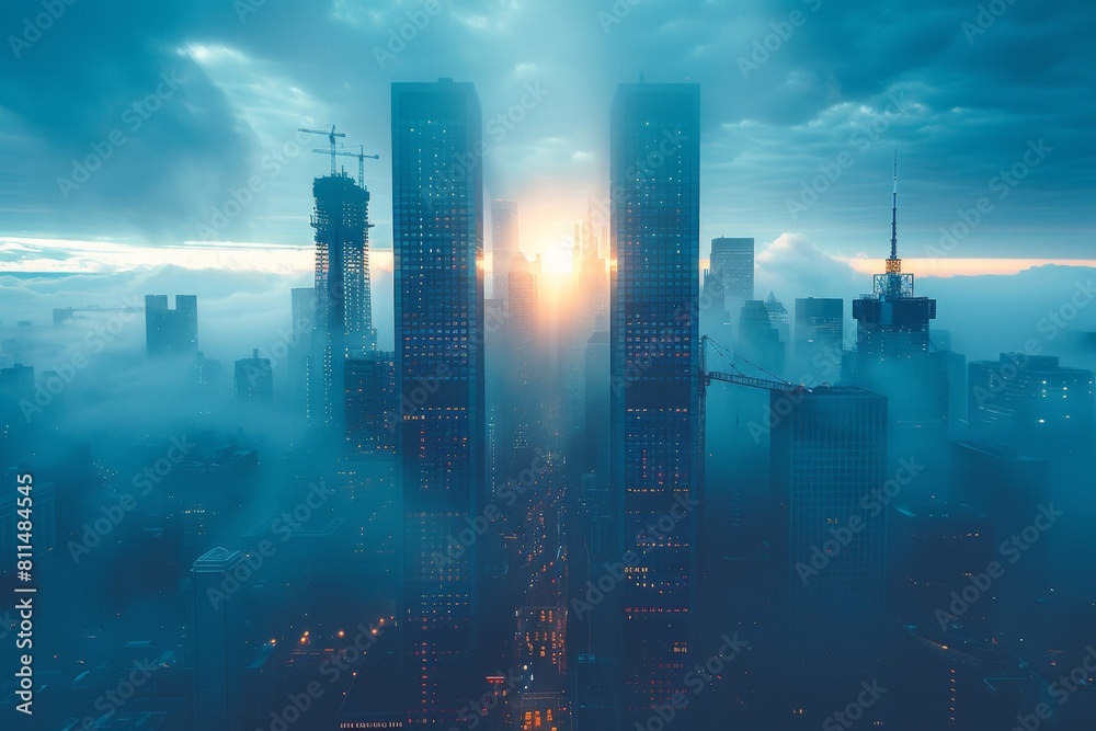 A futuristic city skyline under construction, with tower cranes looming in the background, abstract  , background