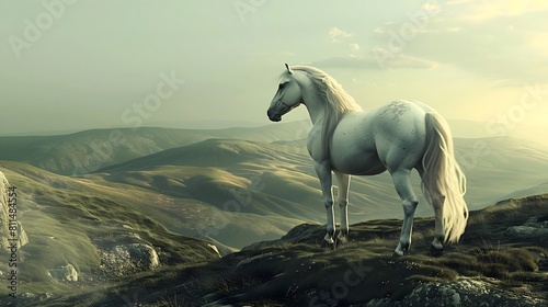  Stunning 3D artwork portraying a horse standing regally against a backdrop of rolling hills and vast open sky.   © Zestify