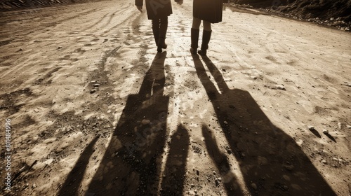 Two people walking on a dirt road with their shadows cast on the ground