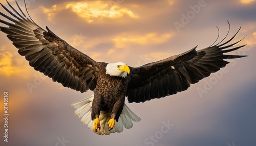 A spread-wing bald eagle soars in the sky. Isolated 