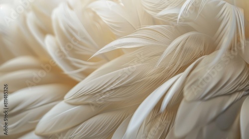 A stunning close-up photograph highlighting the intricate patterns and soft, downy texture of beige feathers, photo