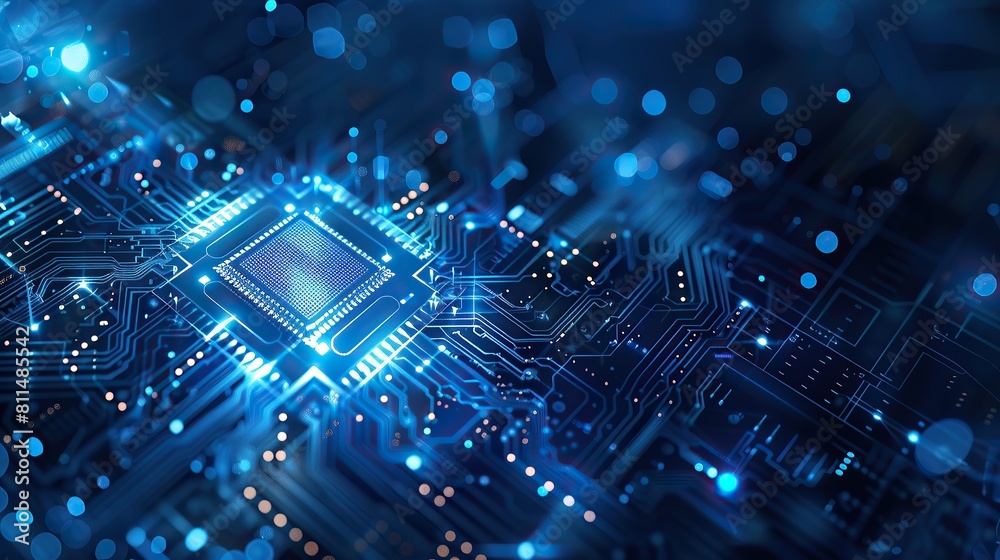 Obraz premium Tiny silicon chips arranged neatly, intricate circuitry, electronic components interconnected, semiconductor manufacturing process illustration, suitable for tech blogs and educational materials.
