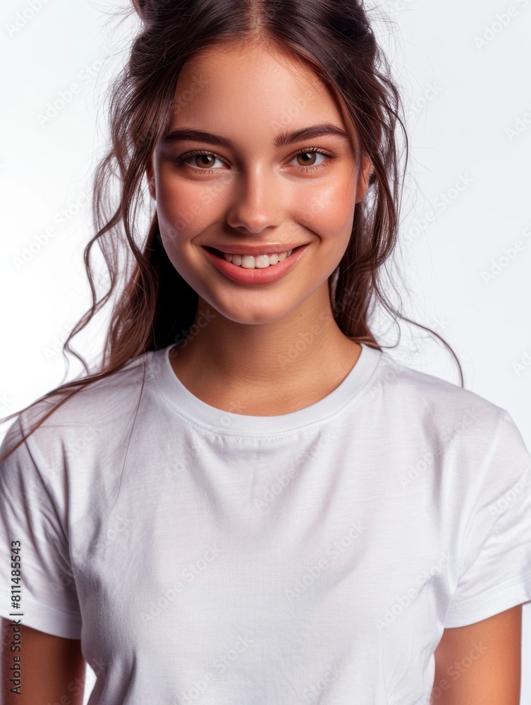 Woman wearing white tshirt mockup created with generative AI Woman wearing white tshirt mockup created with generative AI