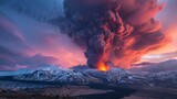 A stunning display of the Alitli-Hr??tur volcanic eruption, with plumes of ash and smoke rising from the crater, against a backdrop of vivid twilight hues, casting an ethereal glow over the landscape