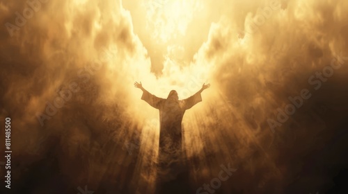 Silhouette of Jesus with arms raised in victory over sin and death