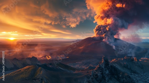 A stunning display of the Alitli-Hr??tur volcanic eruption, with plumes of ash and smoke rising from the crater, against a backdrop of vivid twilight hues, casting an ethereal glow over the landscape