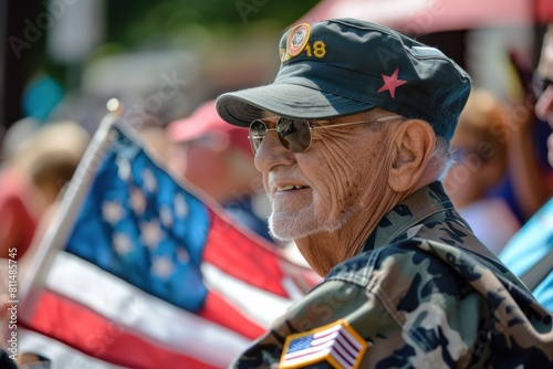 Elderly Caucasian veteran wearing a military cap and sunglasses, holding an American flag at a parade. 4th of July, american independence day, happy independence day of america , memorial day concept