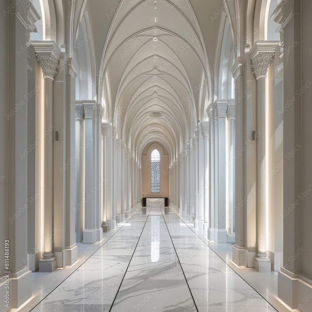 Fototapeta premium Minimalist cathedral corridor white marble walkway flanked by elegant poles