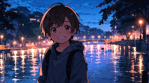 A keen kid smiling at camera in riverside with beautiful neon lights. Retro anime style.