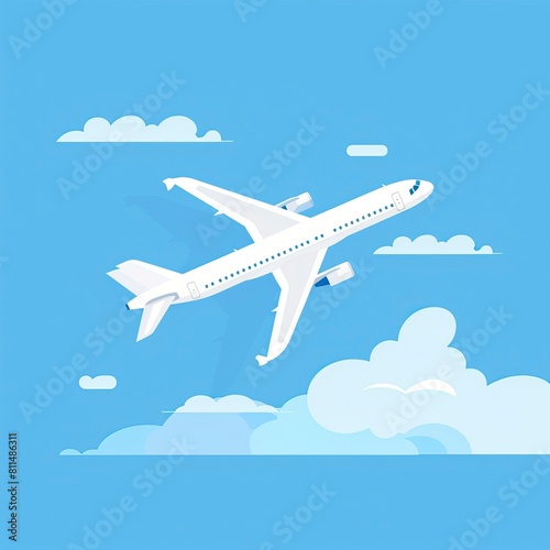 A white airplane on a blue background, in the flat design style with simple shapes and clean lines 