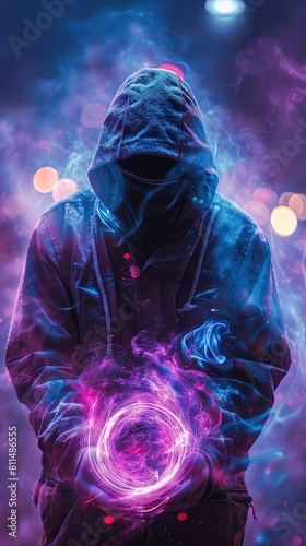 Purple Hoodie Glowing Orb Portrait Person Digital Art Wallpaper, Unique Radiant Contemporary Vertical Game App Artwork Background, Vibrant Online Marketing Backdrop Concept, Advertising Web Graphic photo