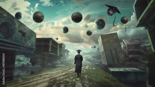 Surreal graduation scene with distorted perspectives and surreal objects photo