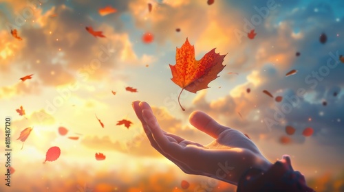 A tranquil moment illustrating autumn mental health, with a person gently releasing an autumn falling leaf into the wind