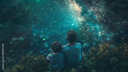 Top view of a mother and son stargazing together on Mother's Day