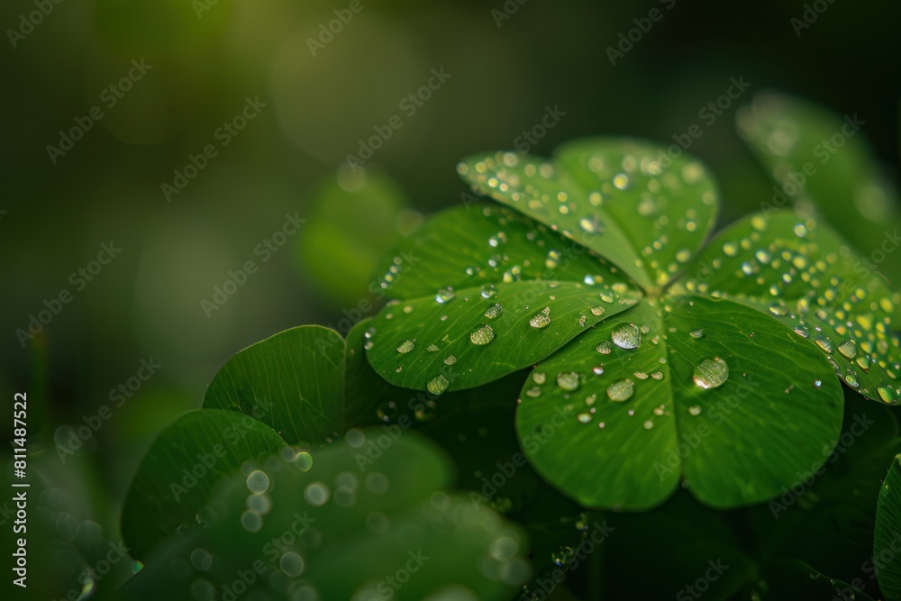 Close-up of a single clover leaf with a water droplet centered, surrounded by soft-focus greenery. International Day for Biological Diversity Close-up of a single clover leaf with a water droplet centered, surrounded by soft-focus greenery. International Day for Biological Diversity