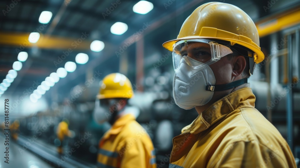 Employees wearing protective gear ensure workplace safety Employees wearing protective gear ensure workplace safety