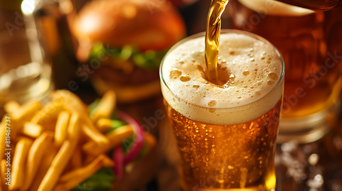 Close-up Beer poured into a glass with food in the background  hamburger  and french fries on a wooden table.