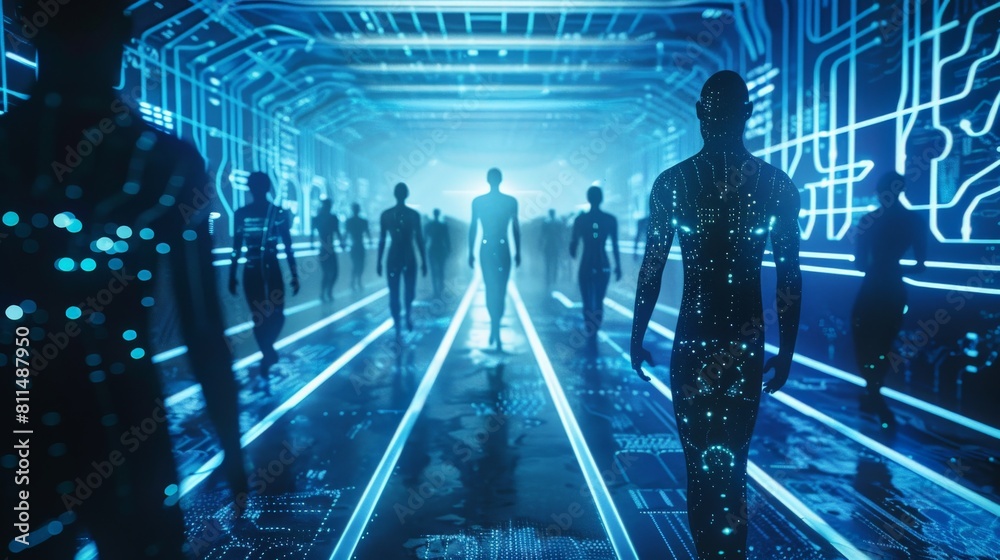Blue translucent people walking through a blue circuit board tunnel Best Job Candidate HR human resources technology.Online and modern technologies for simplifying Best Job Candidate HR human resourc 