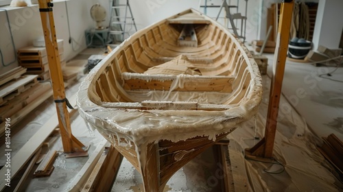 A fiberglass boat being constructed, with layers of fiberglass cloth and resin being applied.