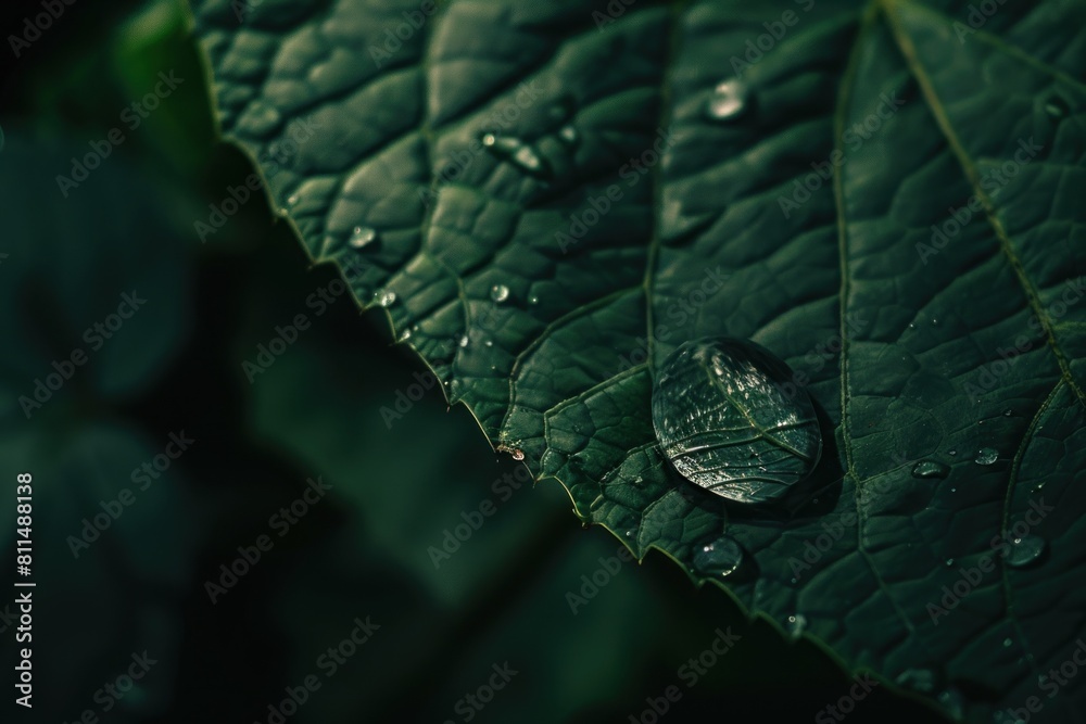 Deep green leaves covered in raindrops, the image captured in close-up with a dark, moody background enhancing the leaf's textures. Deep green leaves covered in raindrops, the image captured in close-up with a dark, moody background enhancing the leaf's textures.
