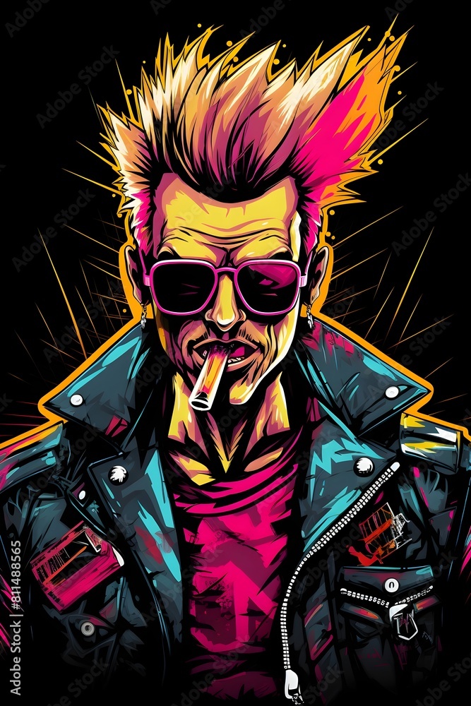 Edgy Punk Rocker in Psychedelic Styled T Shirt with Mohawk Hairstyle Leather Jacket and Ripped Jeans Edgy Punk Rocker in Psychedelic Styled T Shirt with Mohawk Hairstyle Leather Jacket and Ripped Jeans