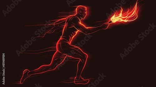 Neon red silhouette of a running athlete with a burning torch in his hand on a black background.