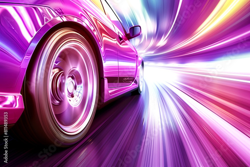 A purple car speeds through tunnel, tires roaring, lights flashing photo
