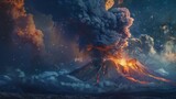 An awe-inspiring scene of the Alitli-Hr??tur volcano erupting with immense power, sending clouds of ash and smoke billowing into the air, against a backdrop of starry night skies