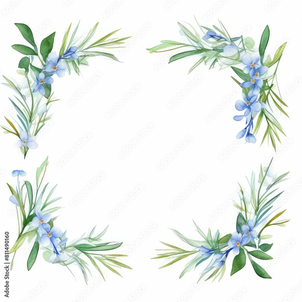 rosemary themed frame or border for photos and text. featuring delicate blue flowers and green foliage. watercolor illustration, flowers frame, botanical border. rosemary themed frame or border for photos and text. featuring delicate blue flowers and green foliage. watercolor illustration, flowers frame, botanical border.