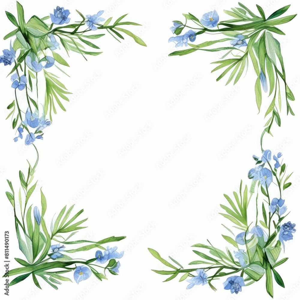rosemary themed frame or border for photos and text. featuring delicate blue flowers and green foliage. watercolor illustration, flowers frame, botanical border.