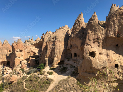 Aerial drone shot of the Fairy Chimneys over the landscape of Goreme, Cappadocia.