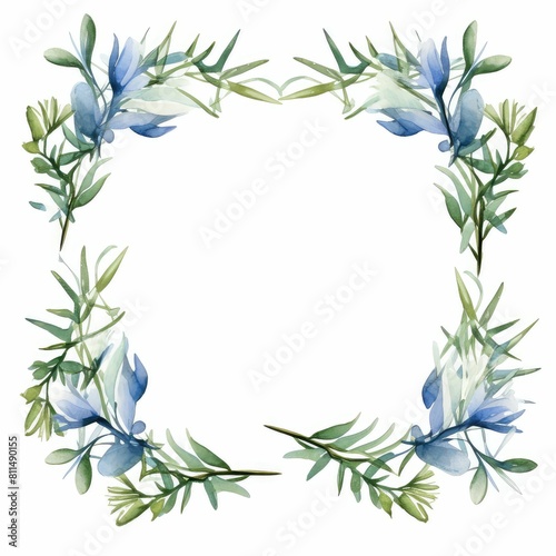 rosemary themed frame or border for photos and text. featuring delicate blue flowers and green foliage. watercolor illustration  flowers frame  botanical border.