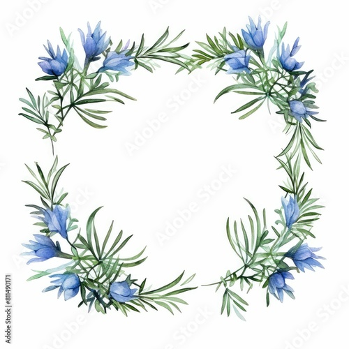 rosemary themed frame or border for photos and text. featuring delicate blue flowers and green foliage. watercolor illustration  flowers frame  botanical border.