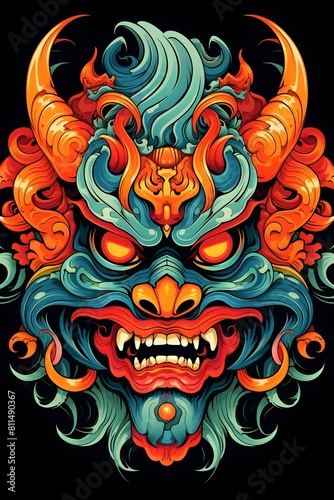Fierce Japanese Mask Depicting Powerful Warrior Demon with Intense Supernatural Energy and Bold Colorful Outline on Dark Background