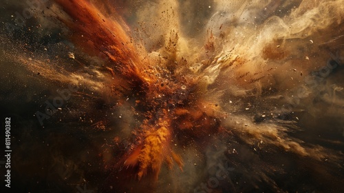 An electrifying image capturing the intense burst of red and gold dust against a dark backdrop, frozen in time with high-speed photography photo