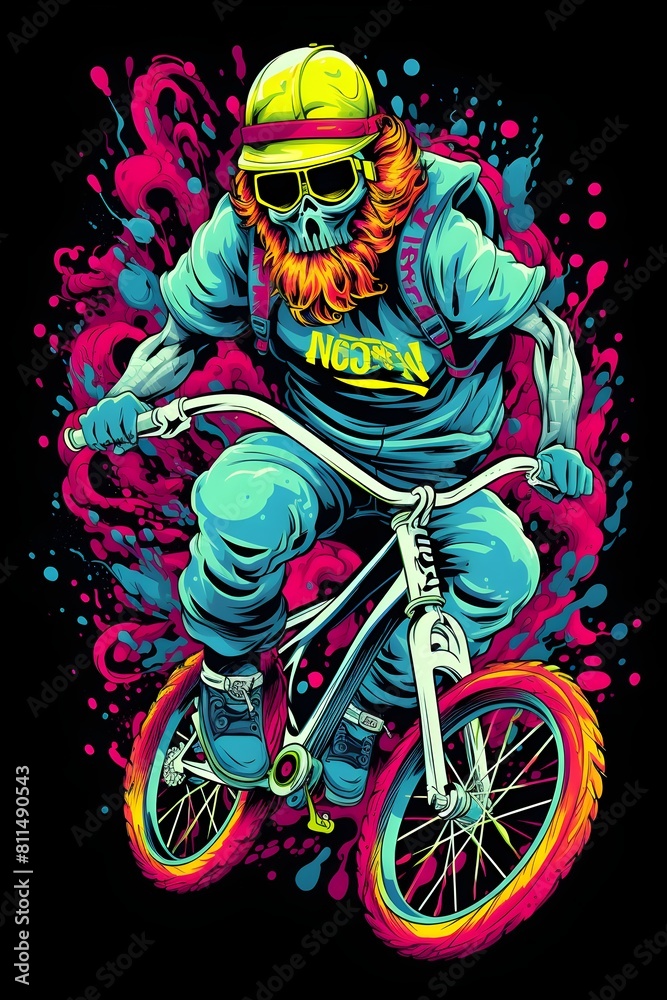 Obraz premium Freestyle BMX Rider Performing Stunts in Psychedelic Skatepark with Bold Outline and Vibrant Colors