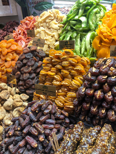 Fruit and vegetable stands on display in the middle of Istanbul Markets Turkey.