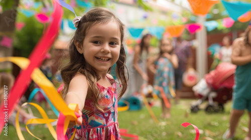 A joyful little girl playing with colorful ribbons at an outdoor children's party, surrounded by other kids and parents in the background. 