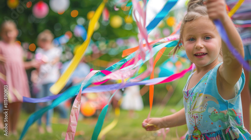 A joyful little girl playing with colorful ribbons at an outdoor children's party, surrounded by other kids and parents in the background. 