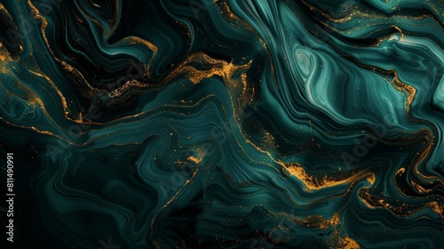 An enchanting abstract image showcasing a dark green aqua background with swirling patterns reminiscent of marble, accentuated by shimmering golden veins that add a touch of luxury and sophistication