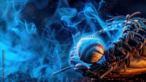 Close-up of a softball glove catching the ball with a hint of blue flame for dramatic effect. photo