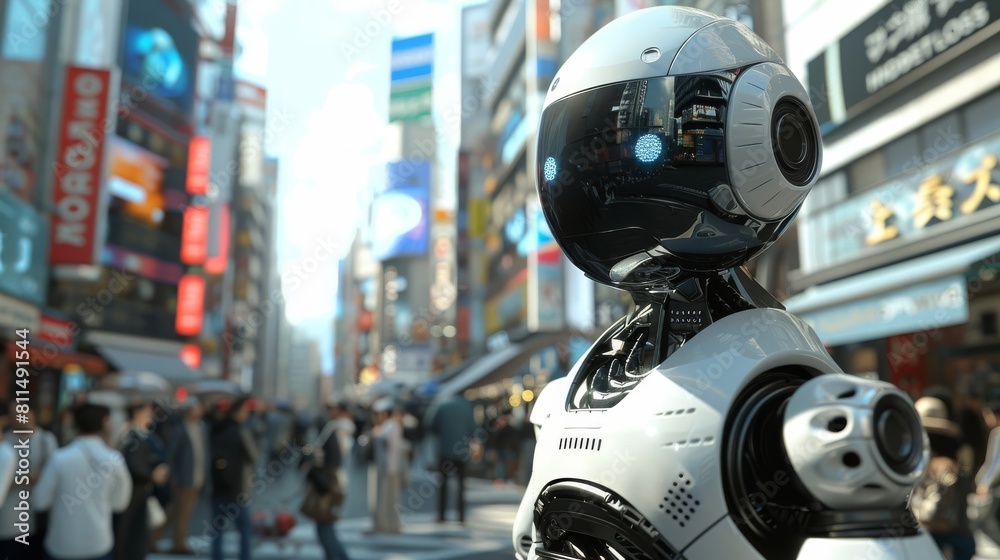 Illustration of a humanoid robot interacting with humans in a futuristic city setting Illustration of a humanoid robot interacting with humans in a futuristic city setting