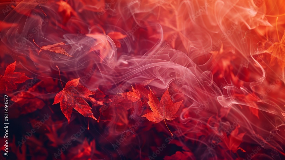 An enchanting Autumn background web design banner adorned with red autumn leaves and billowing color smoke An enchanting Autumn background web design banner adorned with red autumn leaves and billowing color smoke