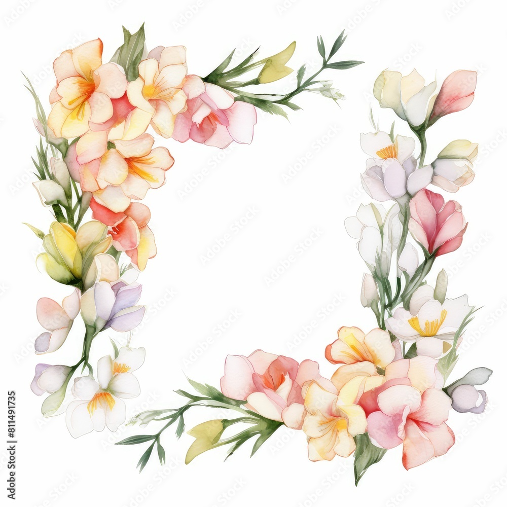 freesia themed frame or border for photos and text. fragrant blooms in various colors. watercolor illustration, For greeting card.