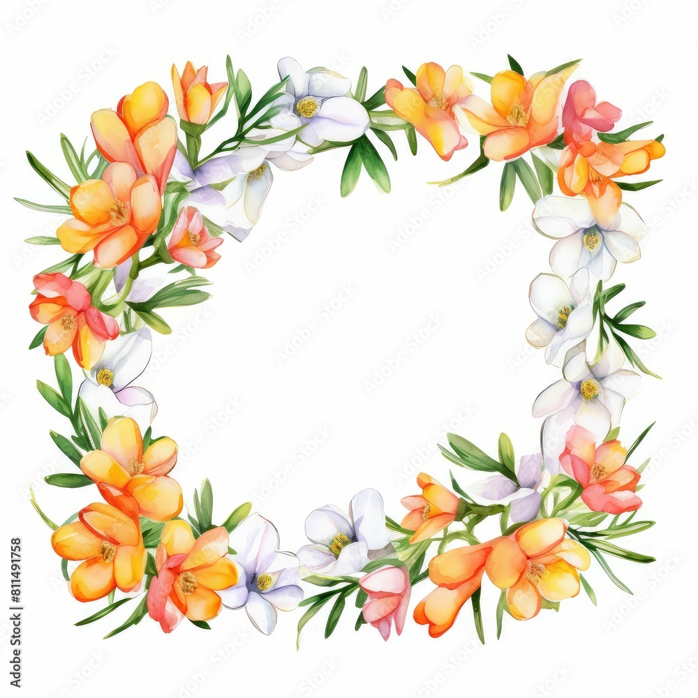 freesia themed frame or border for photos and text. fragrant blooms in various colors. watercolor illustration, For greeting card.