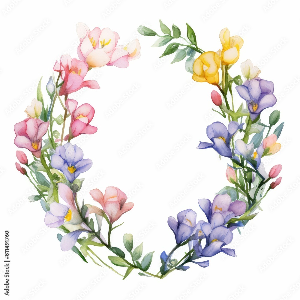 freesia themed frame or border for photos and text. fragrant blooms in various colors. watercolor illustration, For greeting card.
