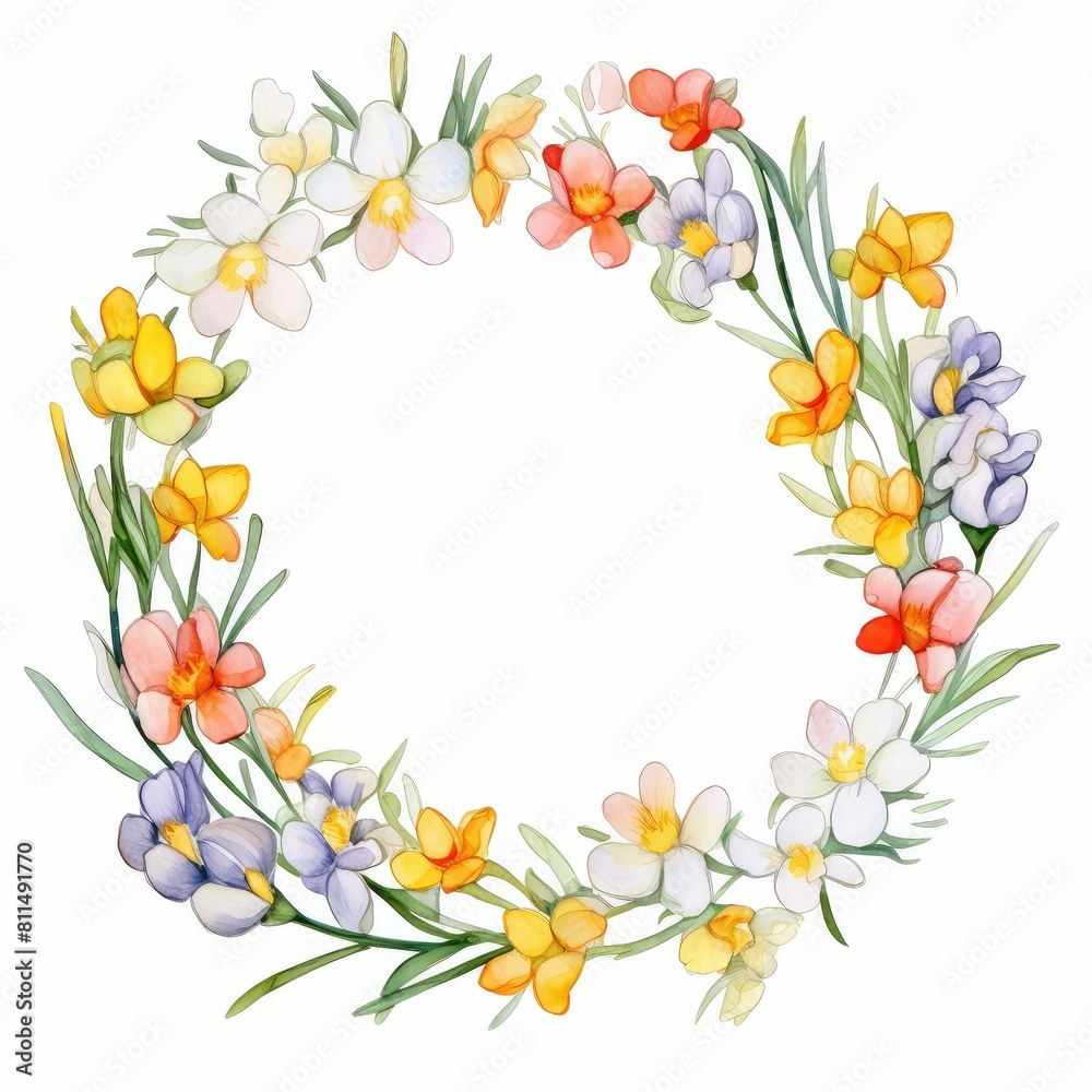 freesia themed frame or border for photos and text. fragrant blooms in various colors. watercolor illustration, For greeting card. freesia themed frame or border for photos and text. fragrant blooms in various colors. watercolor illustration, For greeting card.