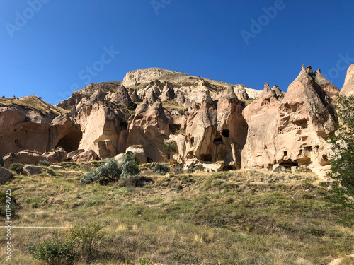 Aerial drone shot of the Fairy Chimneys over the landscape of Goreme, Cappadocia.