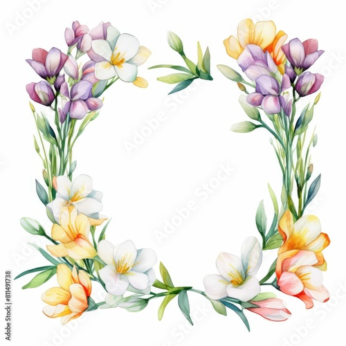 freesia themed frame or border for photos and text. fragrant blooms in various colors. watercolor illustration  For greeting card.