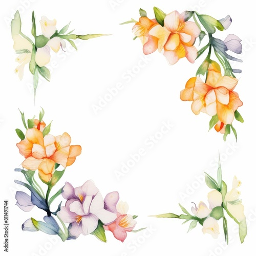 freesia themed frame or border for photos and text. fragrant blooms in various colors. watercolor illustration, For greeting card.